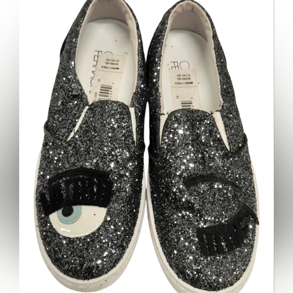 NEW Chiara FerragniDark Grey Glitter Flirting Wink Eye‎ Leather Sneakers SZ 36